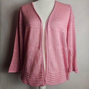 Alfred Dunner Pink Open Front Cardigan Top Womens Small 3/4 Sleeve Crochet